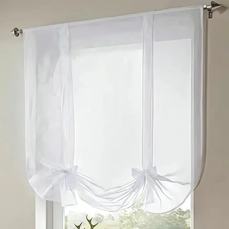 WPKIRA 1 Panel Ribbon Tie Up Solid White Roman Curtain Transparent Sheer Voile Balloon Shades with Solid Stripes Lift Sheer Curtain Drapes Voile Valances Cafe Kitchen W39 x L55 Inch