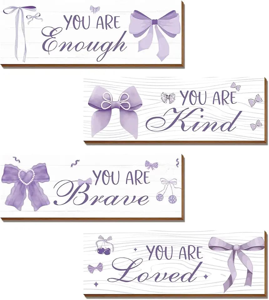 4 Pcs Purple Bow Wall Decor, Light Purple Coquete Room Decor for Teen Girls, Inspirational Positive Affirmations Wall Wooden Hanging Sign Bathroom Art