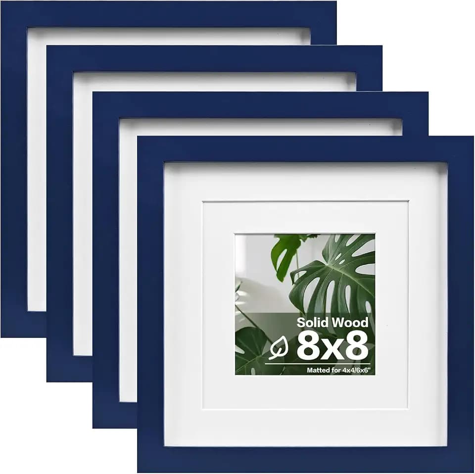 Egofine 8x8 Picture Frame 4PCS, Made of Solid Wood Covered by Plexiglass Display 4x4/6x6 with Mat or 8x8 without Mat, for Table Top Display and Wall Mounting Photo Frame, Navy Blue
