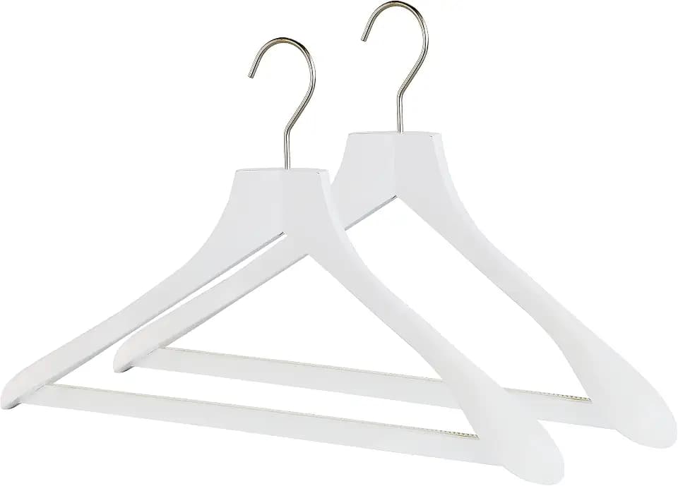 MAWA by Reston Lloyd, European Wooden Hanger, Beech Wood Body Form Hanger with Wide Supportive Shoulders, Rotating Chrome Hook, White Finish, for Shirts, Blazers, Pants, Dress Clothes Hanger, Set of 2