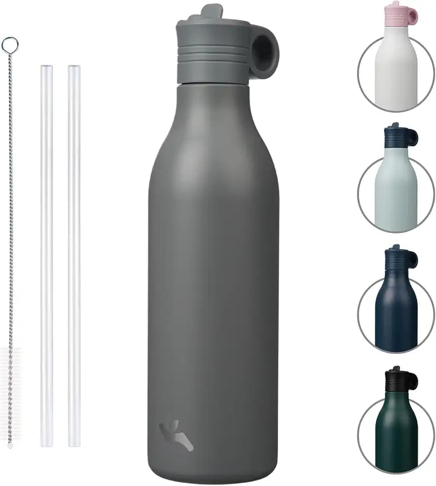 Konokyo 25oz Insulated Travel Water Bottle with Straw, Grey
