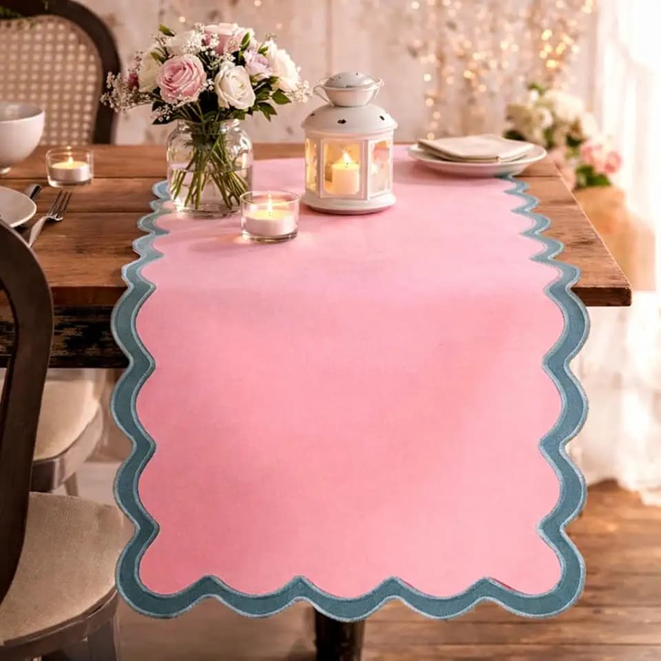 Folkulture Table Runner 108 inches Long | Scalloped Pink Table Runner for Dining Room, Party Decorations | 100% Cotton, Machine Washable, Farmhouse Table Runner for Hannah Montana Party Decorations