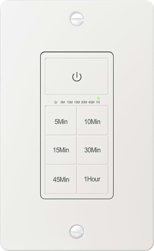 BN-LINK Countdown Timer Switch for Bathroom Fans and Lights, 5-10-15-30-45-60 Min Touch Button Auto Shut Off, Neutral Wire Required, Screwless Wall Plate Included, ETL Listed, White