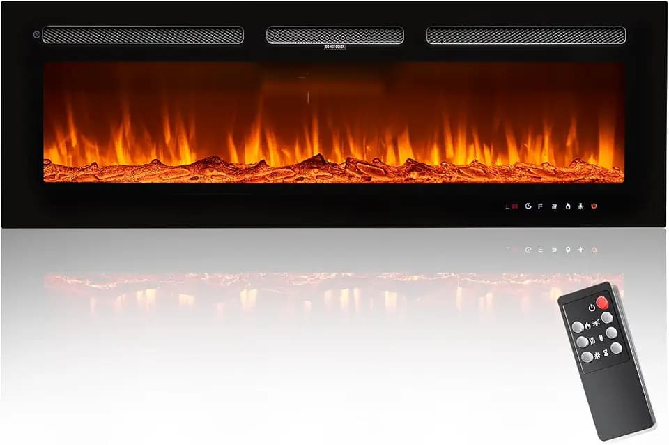 Electric Fireplace, 50 inch Wide Recessed/Wall Mounted Electric Fireplace, Remote Control with Timer, 12 Adjustable Color Flame, Log Set & with Crystal Stone, 750/1500W