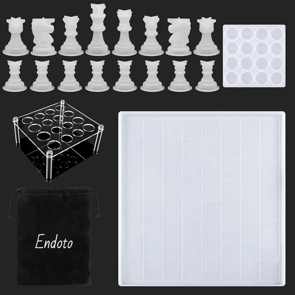 Resin Chess Set with Checkers Board Silicone Mold Set with 1 Pack Chess Piece Holder, 16 Pieces Full Size 3D Silicone Chess Molds Kit for Epoxy Resin Casting, Party Board Games and Home Decoration