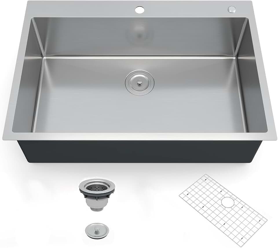 30X22 Inch 16 Gauge 304 Stainless Steel Drop-in Kitchen Sink, 10 Inch Deep Single Bowl with Flat Bottom, Includes Stainless Steel Grid & Drain Assembly (Without steps)