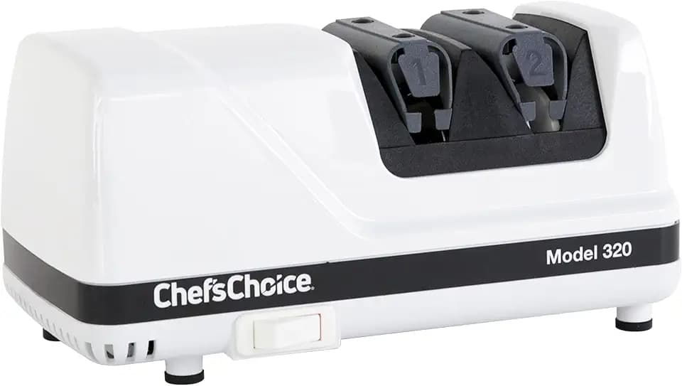 Chef'sChoice Professional Electric Knife Sharpeners FlexHone/Strop With 100-Percent Diamond Abrasives And Precision Angle Guides For 20-Degree Straight-Edge and Serrated Knives, 2-Stage, White