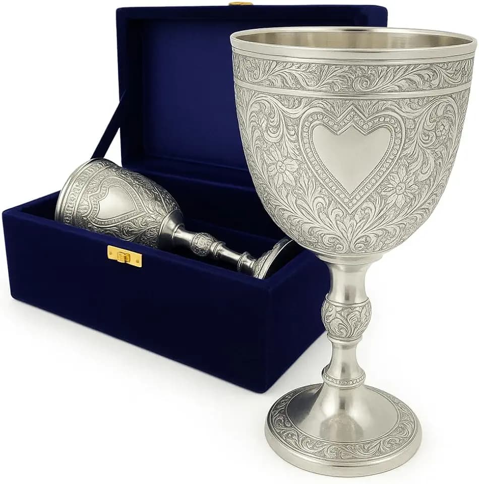 Premium Brass Wine Goblets with Velvet Gift Box - Engraved Medieval Chalice Cups Silver Plated - Vintage Royal Style Decorative Drinkware for Wedding Anniversary Toasting - Elegant Couple Gift