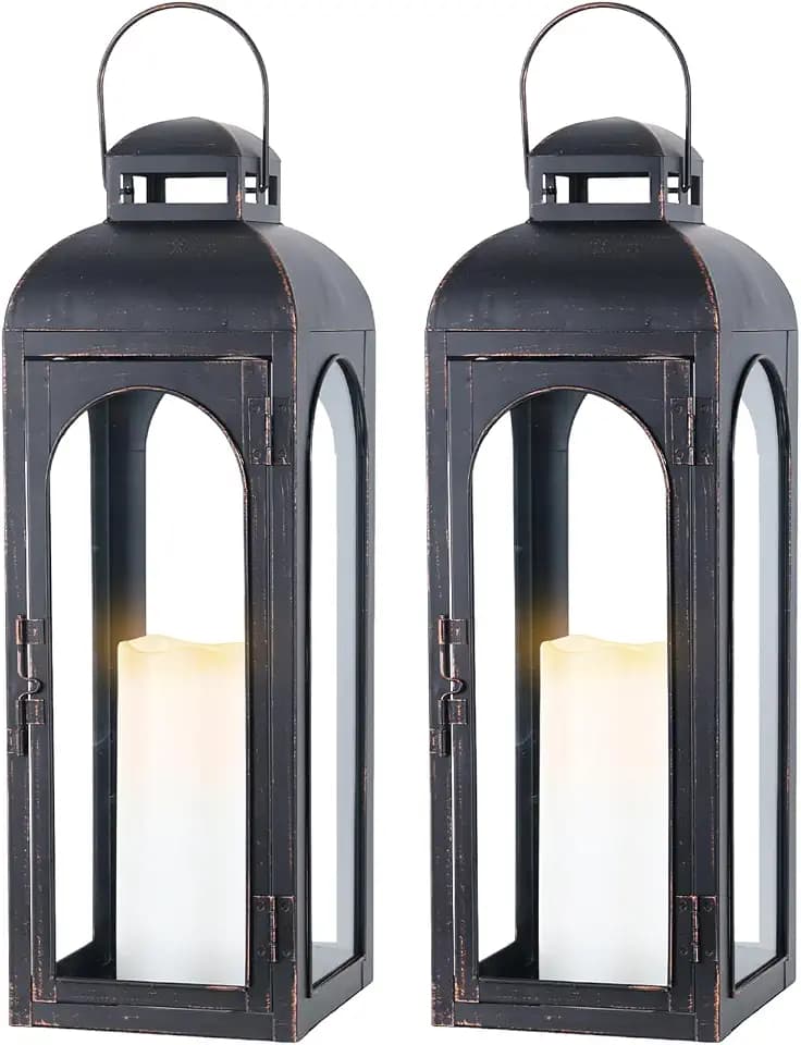 NEEDOMO Set of 2 Lanterns Decorative for Home,22''H Large LuxuryBronze Metal Hurricane Lanterns with Tempered Glass Panels for Porch,Tabletop, Mantle, Wall Hanging, Garden, Indoor & Outdoor Décor