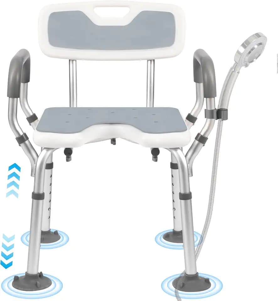 EasyVibe Duschstuhl für Senioren mit Saugnapf-Füßen, Duschhocker mit U-Ausschnitt, Badestuhl mit Armlehnen & Rückenlehne, 150kg Tragkraft, Werkzeugfreie Montage