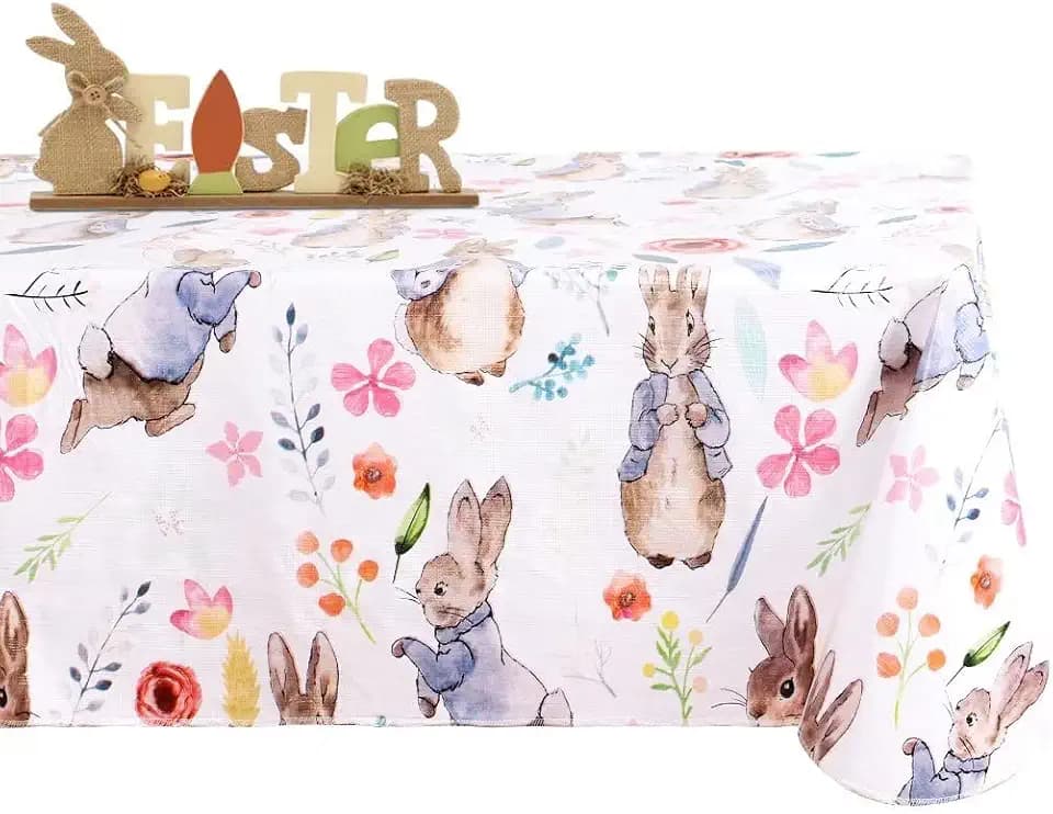 Fitable Easter Rectangle Table Cloth - 60x84 Inch Waterproof Rabbit Flower Pattern Tablecloth Vinyl Wipe Clean Table Cover for Dining Table, Easter Dinner, Kitchen, Holiday Party