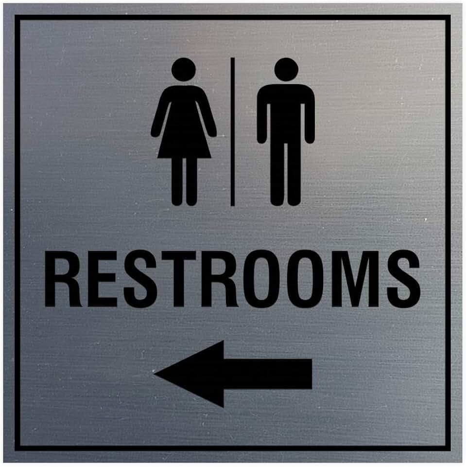 Signs ByLITA Square Restrooms left arrow Sign with Adhesive Tape (Brushed Silver) - Large (1 Pack)
