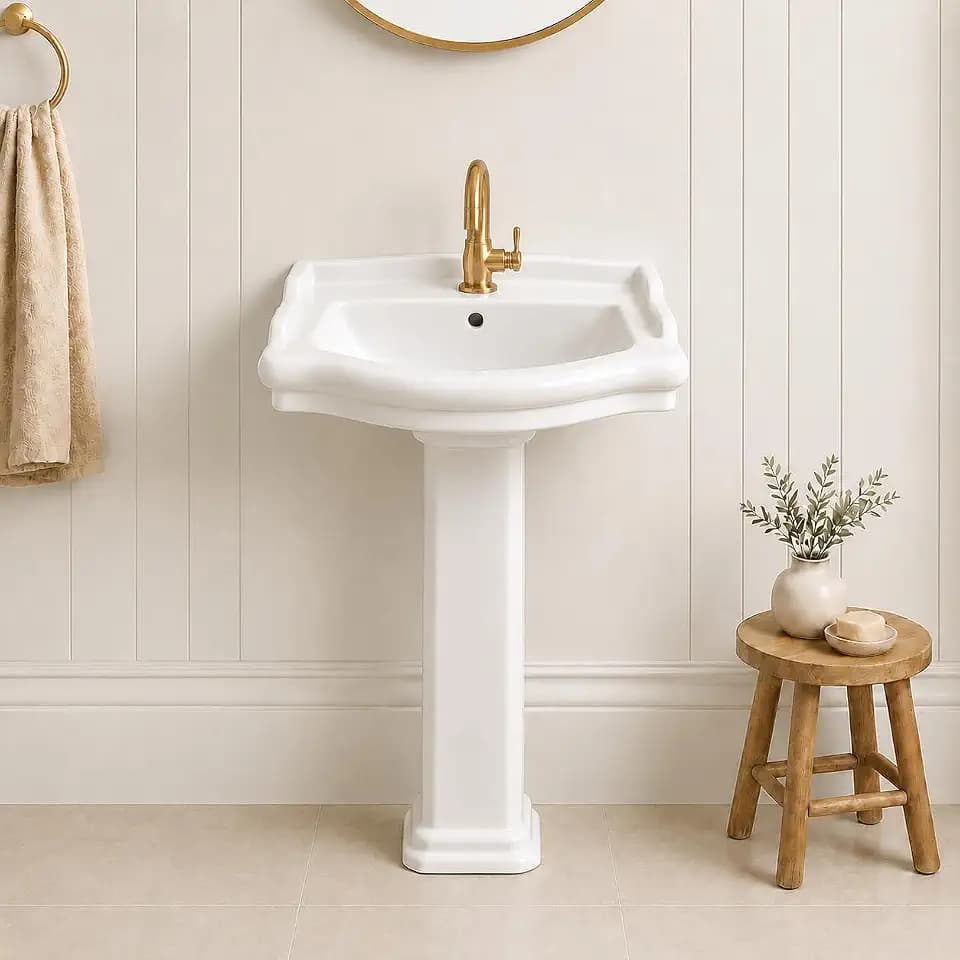 Garvee White Ceramic Pedestal Bathroom Sink, Classic Freestanding Colu