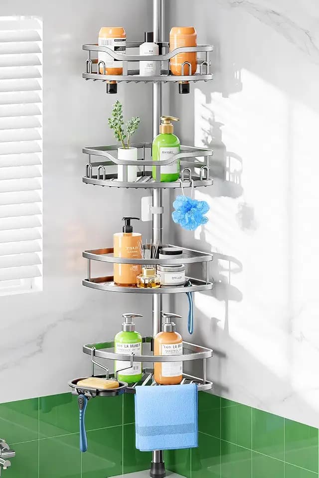HAMITOR Shower Caddy Tension Pole: Rustproof Quick Install Standing Corner Bathroom Organizer Shelf on Floor for Renters - 4-Tier Large Capacity Storage Rack with Soap Holder for Apartment -Silver