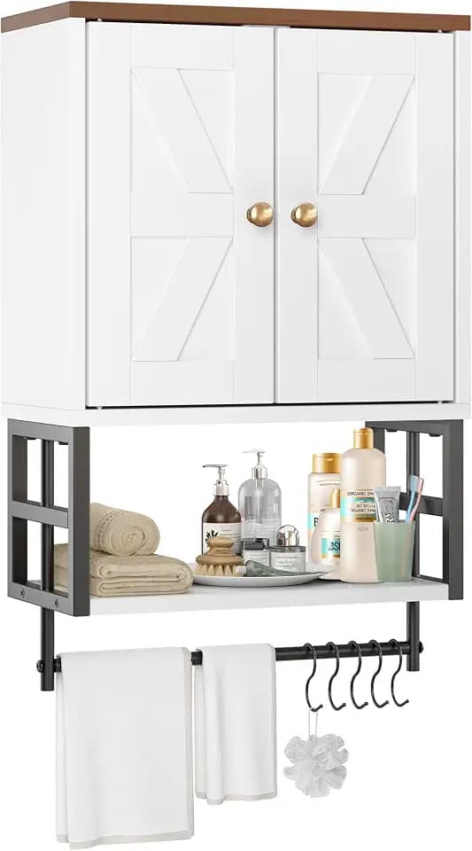 Bathroom Wall Cabinet, Farmhouse Medicine Storage with Towel Bar, White