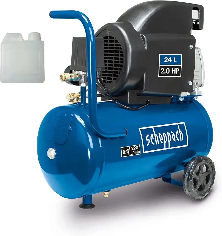 Scheppach Kompressor HC26 Druckluftkompressor | 220 l/min Ansaugleistung | 24L Kessel | 1500W | 8 bar Arbeitsdruck | ölgeschmiert und langliebig | mit Griff & Fahrvorrichtung | inkl. Kompressor Öl