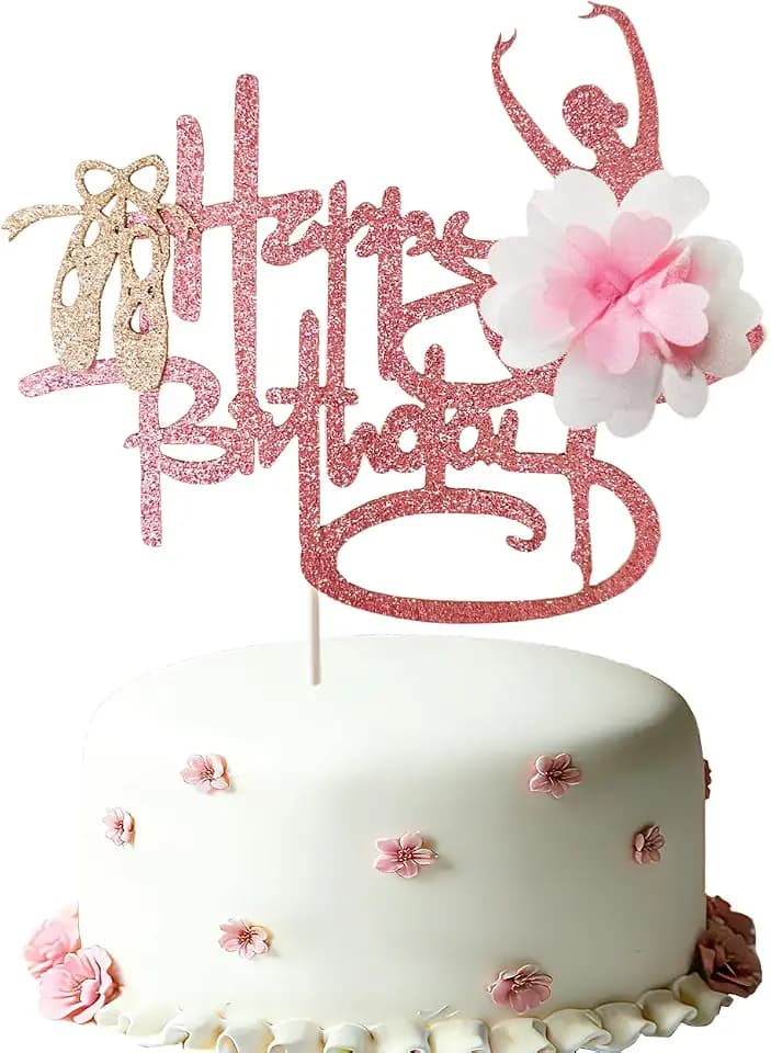 Pink Flower Tutu Ballerina Happy Birthday with Ballet Slippers Cake Topper