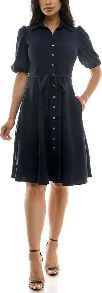 Sharagano Women's Sharkskin Button to Hem Shirtdress with a Blouson Sleeve, Pockets and Self Tie Belt