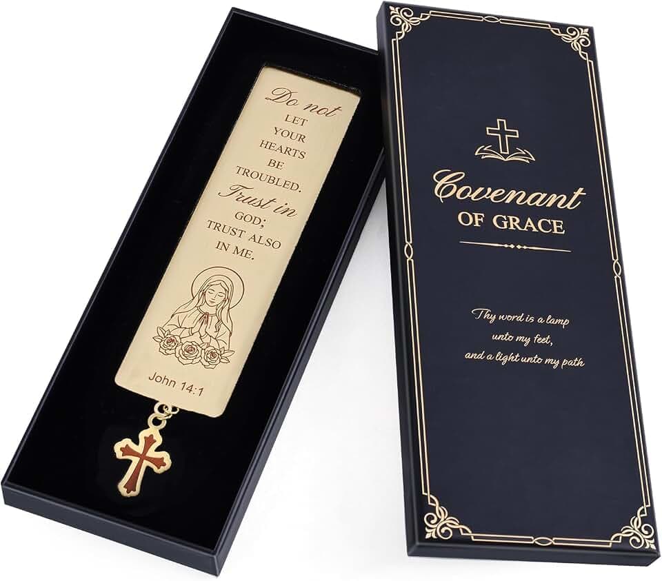 Brass Christian Bookmark with Gift Box, Prayer Metal Bookmark with Cross Pendant, Virgin Mary Catholic Gifts for Women Men Girls, Bible Study Page Markers Religious Gift for Book Lovers