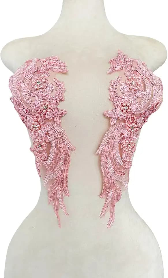 Handmade Lace Fabric Beaded Applique Perfect Shining Trim Patches for DIY Wedding Bridal Dress Costume Patch Decor 1Pair/Bag (Pink A)