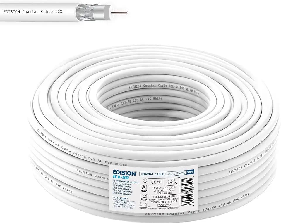 EDISION ICX-50 Koaxialkabel 50m, Antennenkabel 130dB Indoor PVC Weiß, Stahl/Kupfer Innenleiter CCS, SAT Kabel, geeignet für DVB-S2, DVB-T/T2, DVB-C, BK-Anlagen, CCTV, Ring 50m
