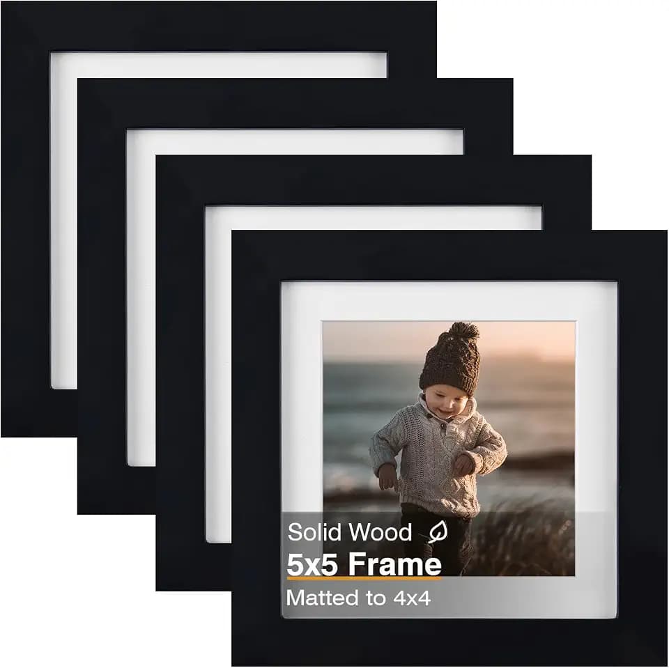 KINLINK 5x5 Picture Frames 4 Pack Black Solid Wood Square Frames