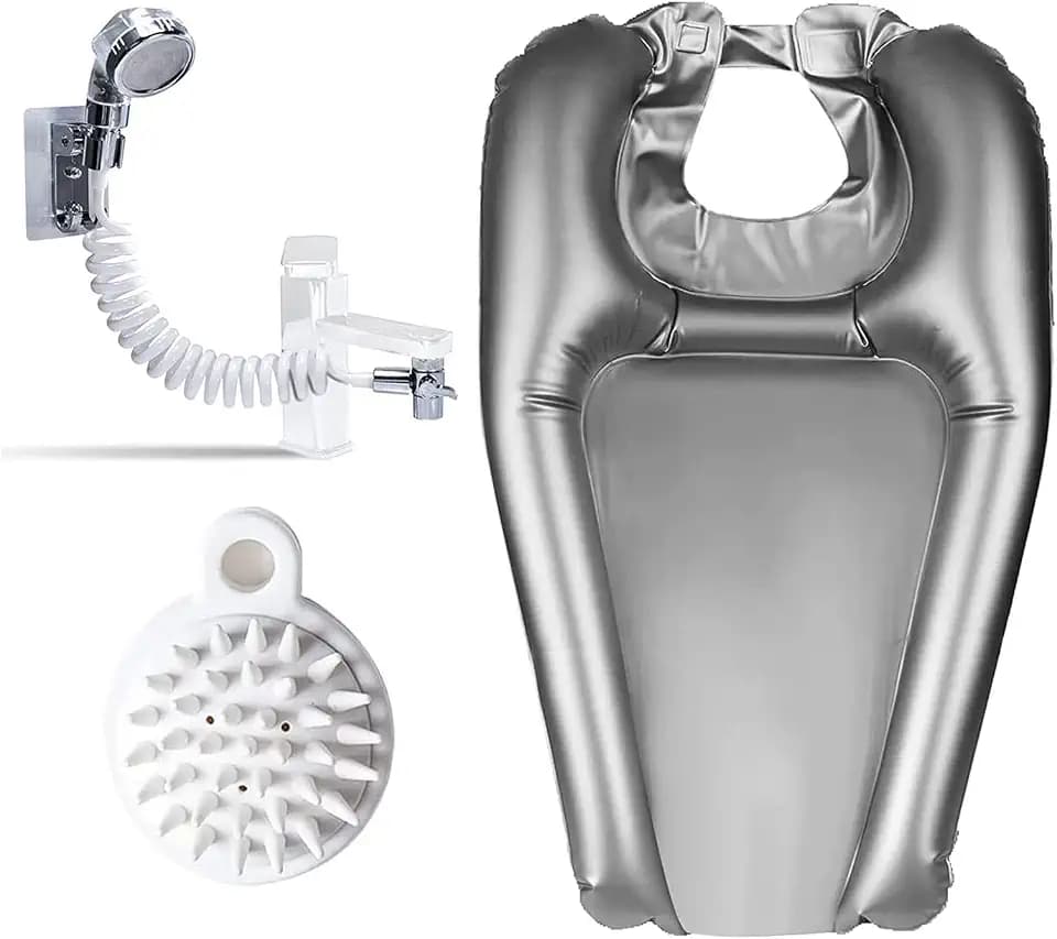 Aufblasbares Haarwaschbecken, DOYUKY Mobiles Waschbecken mit Handbrause Extern + Shampooning Pinsel, Leichtes Shampoo Schüssel, für ältere Menschen, Behinderte, Schwangere, Verletzte, Bedridge(Silber)