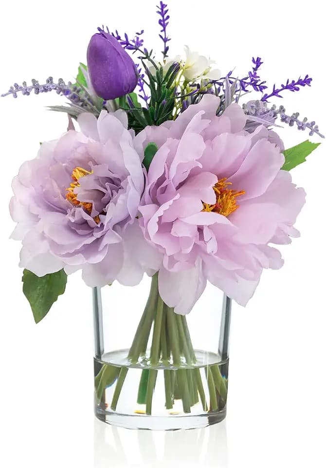 WELL KNOWN Artificial Flowers in Glass Vase with Fake Water, Silk Peony Fake Tulip Lavender Bouquet for Home Dining Table Office Hotel Wedding Party Lavatory Decor & Gift (Lavender Purple)