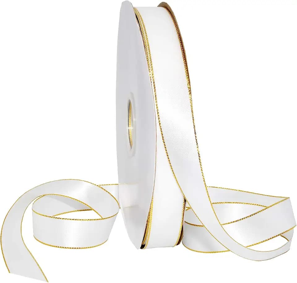 Morex Ribbon Gold Edge Satin Ribbon, 7/8" x 100 Yd, White