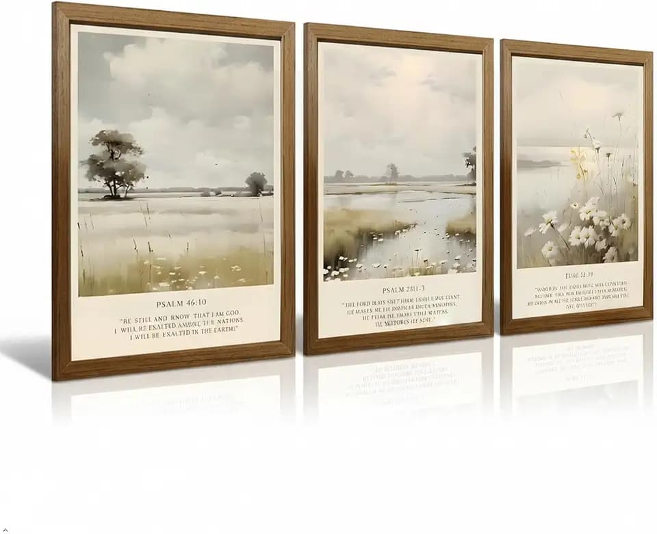 Set of 3 Christian Wall Art 16x24 Inch Framed Canvas Prints, Bible Verse Scripture Decor with Solid Wood Frame, Psalm 46:10 Psalm 23 Luke 12:27 Religious Farmhouse Wall Decor for Living Room Bedroom