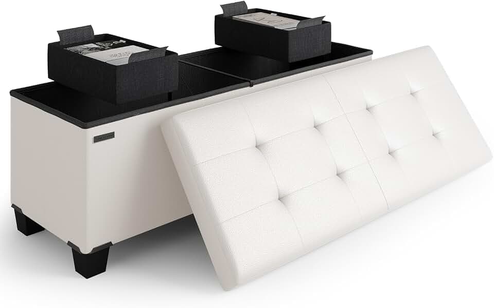 Storage Ottoman Bench with Bins, 43-in Storage Bench for Bedroom End of Bed, Folding Foot Rest Ottoman for Living Room Max 660lbs, Faux Leather Ottomans, Cream