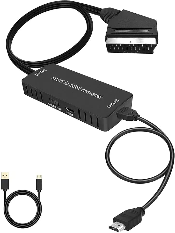 Wrugste Scart auf HDMI Konverter mit HDMI-Kabel, HD-Adapter 720P/1080P, Video-Konverter für HDTV-Monitor, Projektor, Xbox, VHS STB, Sky DVD-Player, Blu-Ray mit USB-Kabel