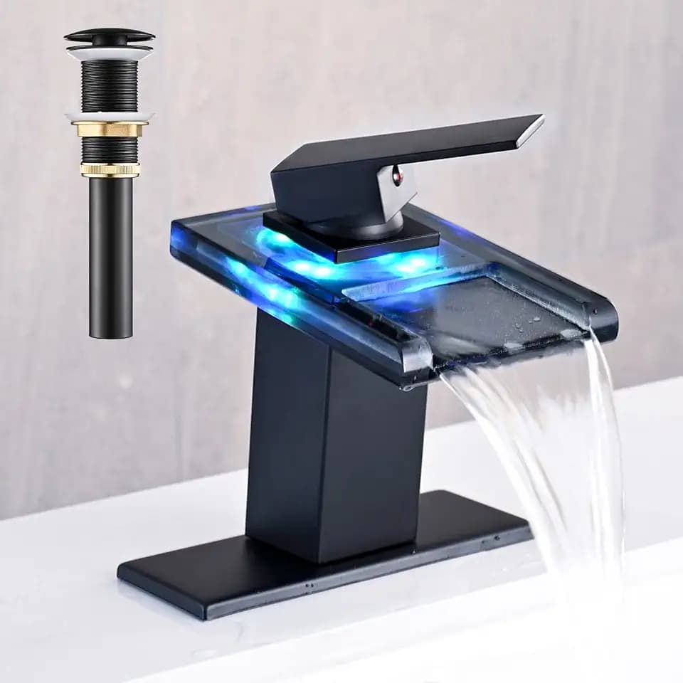 AVSIILE LED Bathroom Sink Faucet, Matte Black, Waterfall, Open Glass Spout