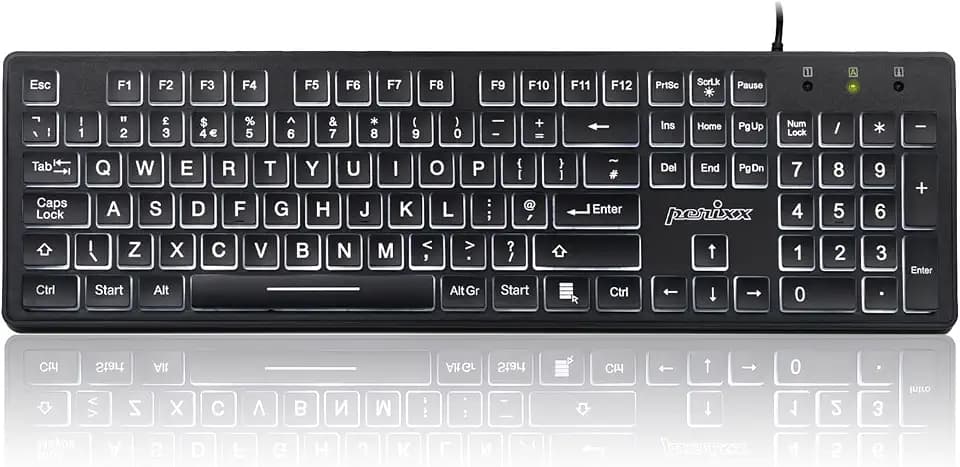 Perixx PERIBOARD-317 Wired USB Keyboard, White LED Backlit, Big Print Illuminated Keys, UK QWERTY, Black