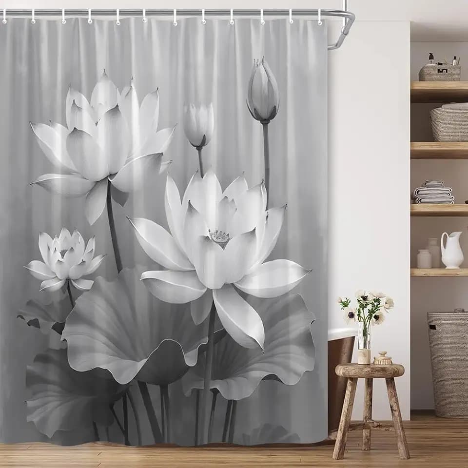 Black White Grey Lotus Flower Shower Curtain 70×70 Inch