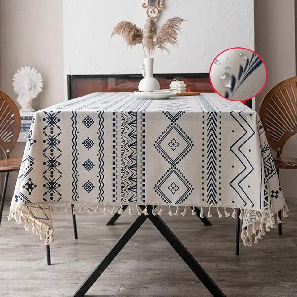Farmhouse Wipeable Tablecloth Vinyl Waterproof Coating Spill-Proof Table Cover Cotton Linen Backing Slip Resistant Tabletop Kitchen Party Table Décor White Blue Boho Rectangle, 55"×86"(6-8 Seats)