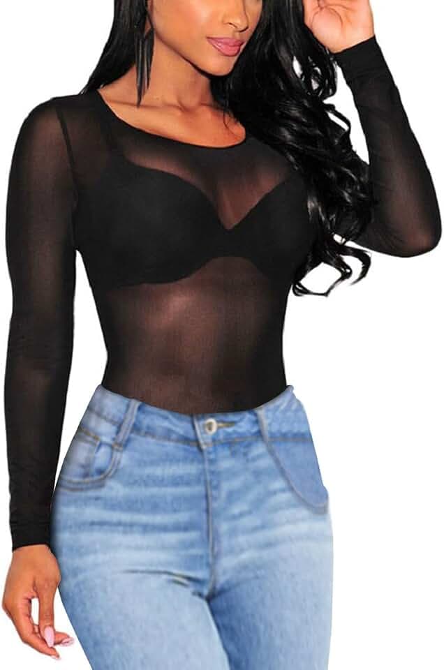 SEBOWEL Women Mesh Rhinestone Tops Sexy Sheer See Through Long Sleeve Shirt Glitter Sparkly Mesh Top Tee Blouse