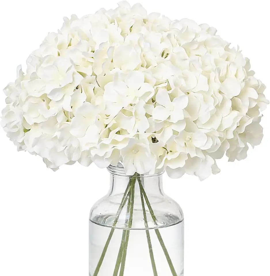 Fake White Hydrangea Artificial Flowers - Faux Silk Hydrangeas Flowers Heads with Stems Real Touch for Home Wedding Party Table Decor (White,Pack of 10)