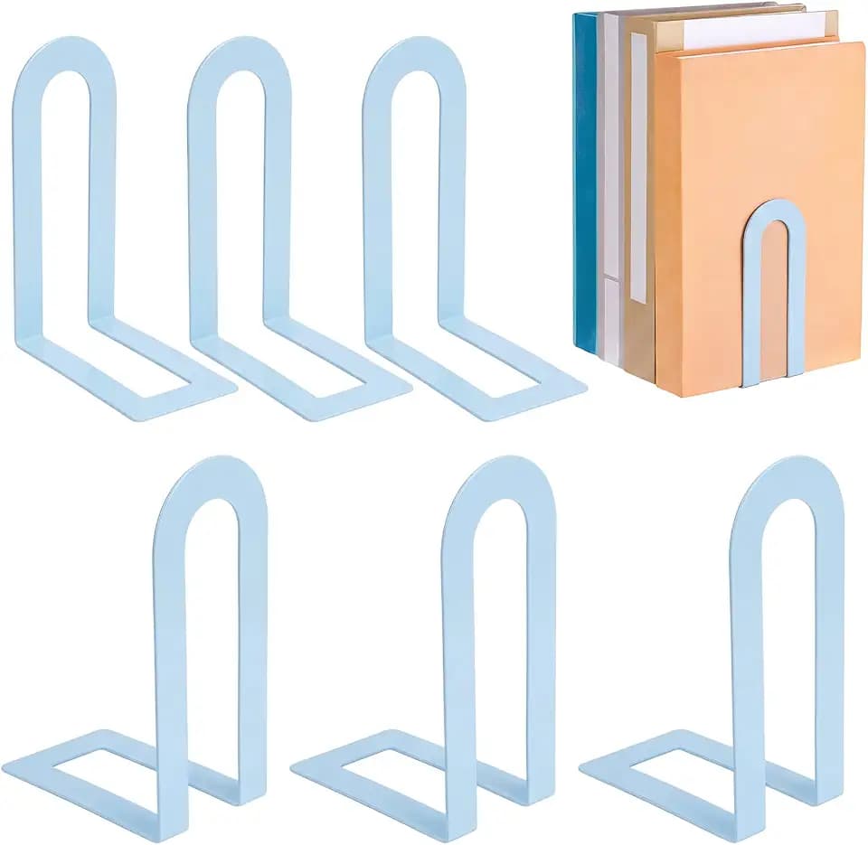 Chunful 6 Pcs Light Blue Metal BookEnds Shelves, 5.5 x 3.75 x 2.25 in