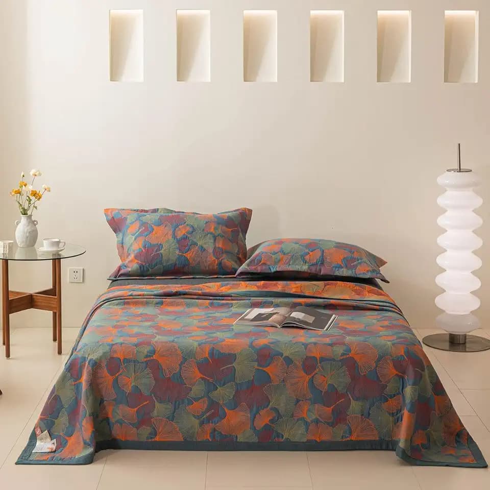 100% Cotton Muslin Blanket Jacquard Navy Floral Ginkgo Leaves Quilt, Soft Bed Cover 3 Layers Lightweight Breathable Gauzy Reversible Bedspread Coverlet Bedding, Twin(59"x94"), No Pillow Sham