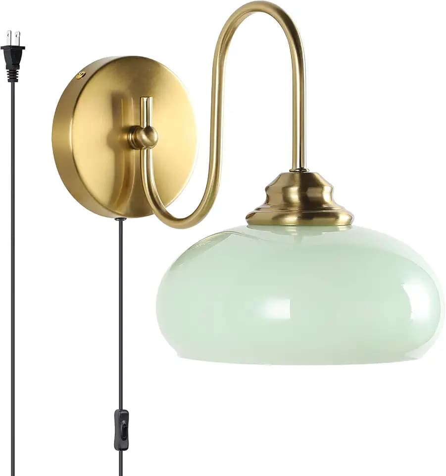 KCO Lighting Green Glass Wall Sconce Plug in Brushed Gold Wall Sconce Vintage Bedroom Wall Lights Plug in Wall Lighting for Living Room