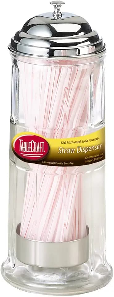 TableCraft H714CH Straw Dispenser, 4-3/8" x 4-3/8" x 11-1/8", glass, chrome plated top, includes 72 straws per dispenser