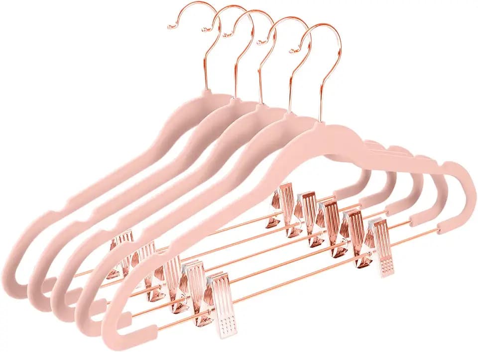 MIZGI Premium Velvet Pants Hangers with Clips (Pack of 30) Slim Skirt Hangers- Non Slip Felt Outfit Dress Hangers Blush Pink - Copper/Rose Gold Hooks,Space Saving Shirt Clothes Hangers