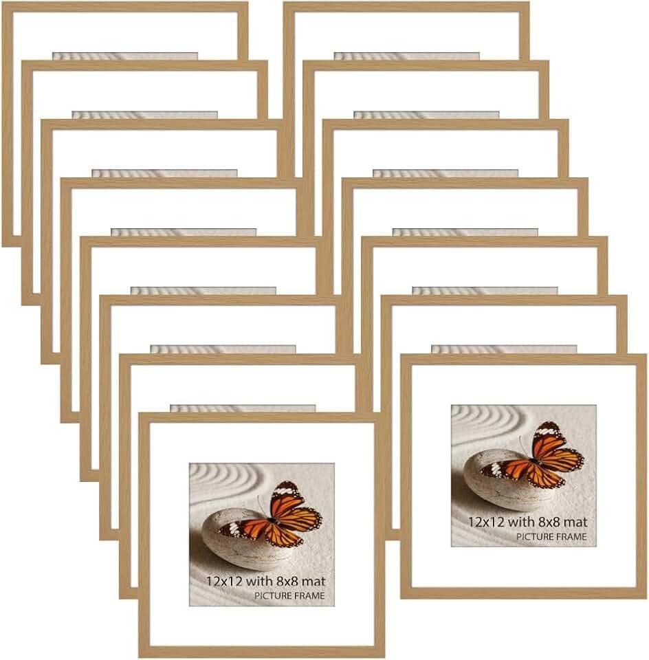 Memory Island 12x12 with 8x8 Photo Frames for Wall and Tabletop Display, 12 by 12 Natural Wood Picture Frames with HD Plexiglass, Set of 15