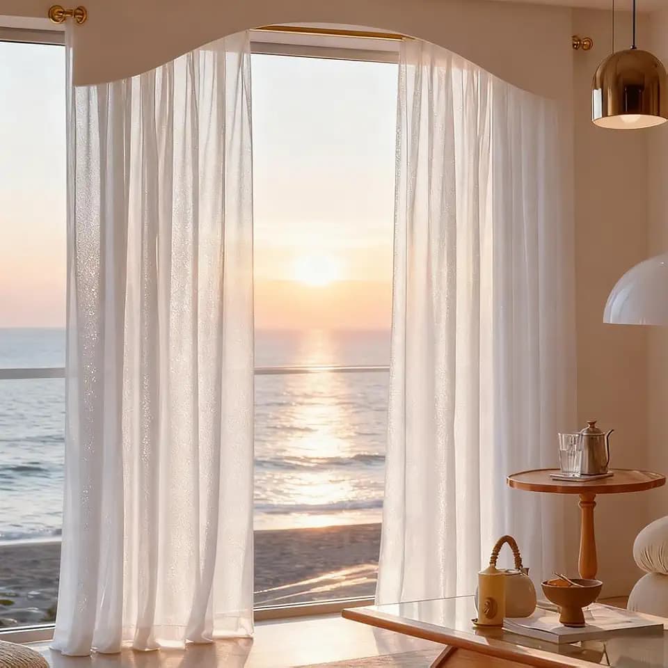 Luxury White Sparkling Shimmer Vertical Crinkle Sheer Curtain Pair