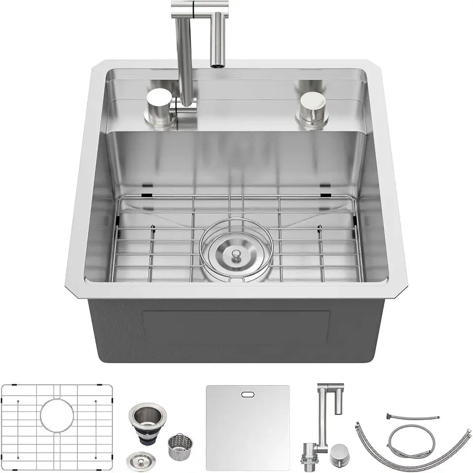 18x18 Inch Outdoor Undermount Workstation RV Sink with Folding Faucet