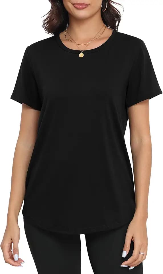 PRIMODA Womens Loose Fit Shirts Casual Short Sleeve Summer Flowy Tunic Tops Plain Long T Shirts