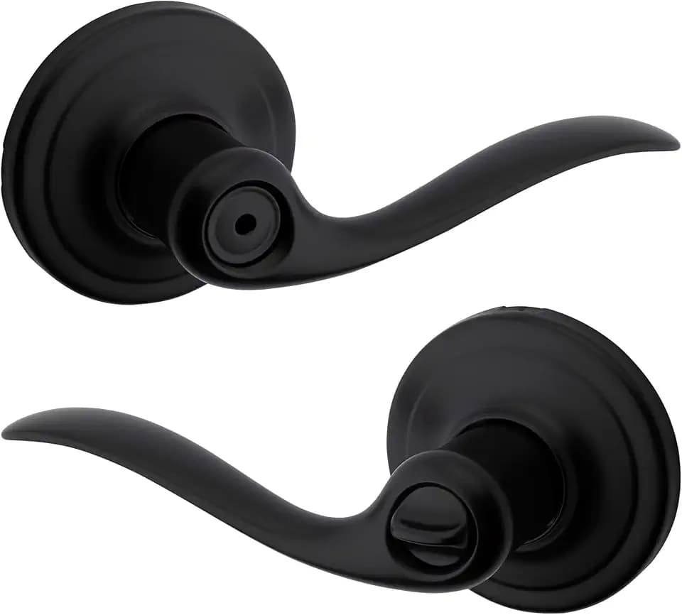 Kwikset Tustin Interior Privacy Door Handle with Lock, Door Lever For Bathroom and Bedroom, Matte Black Reversible Keyless Push Button Lock Door Lever, with Microban Protection