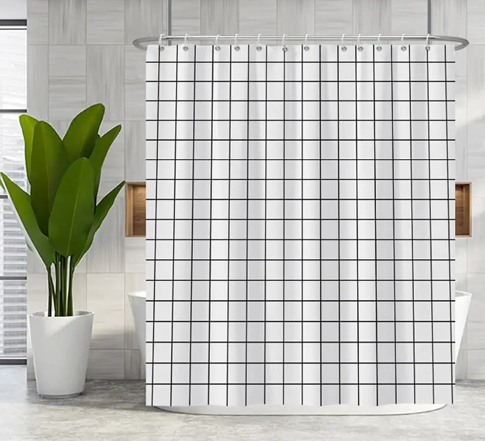 Renaiss 72x78 Inches White Geometric Shower Curtain Black White Lattice Square Plaid Pattern Modern Simple Striped Fabric Shower Curtains for Bathroom Decor Waterproof Polyester with Hooks