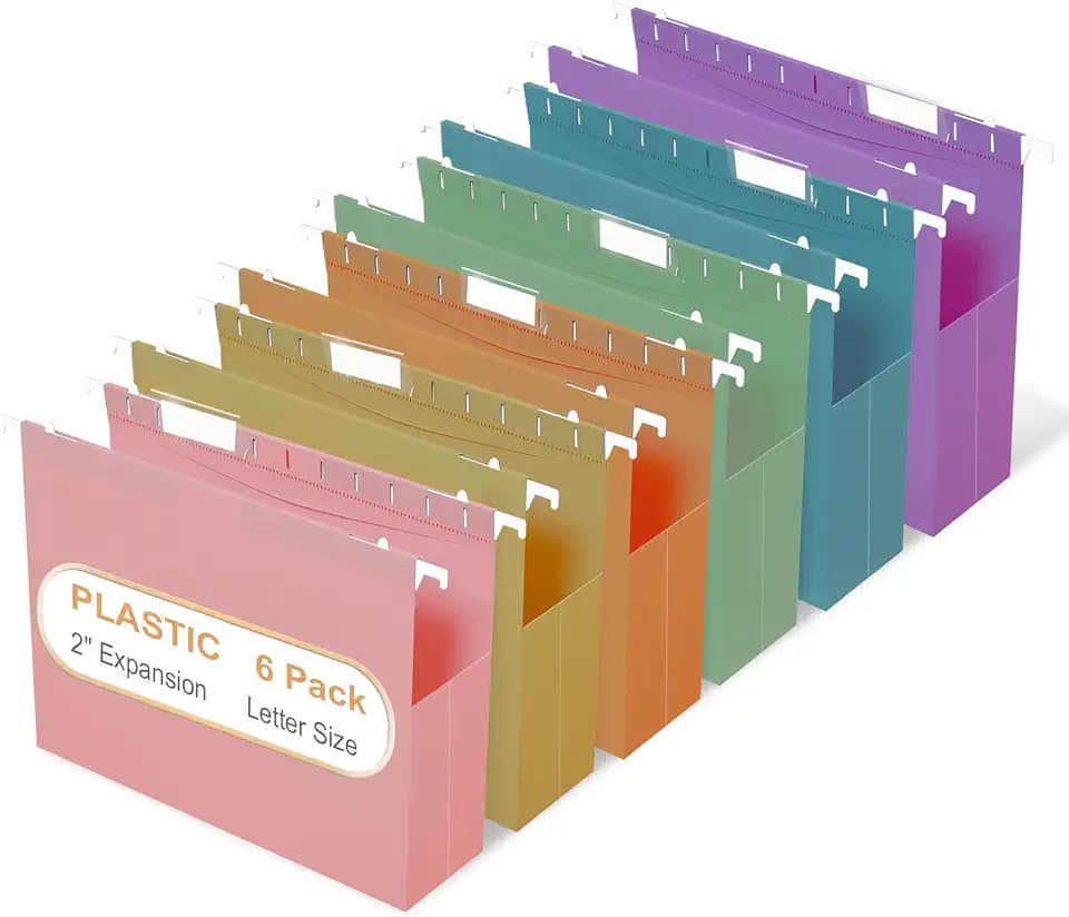 6 Pack Plastic Hanging File Folders Letter Size 2-Inch Expansion